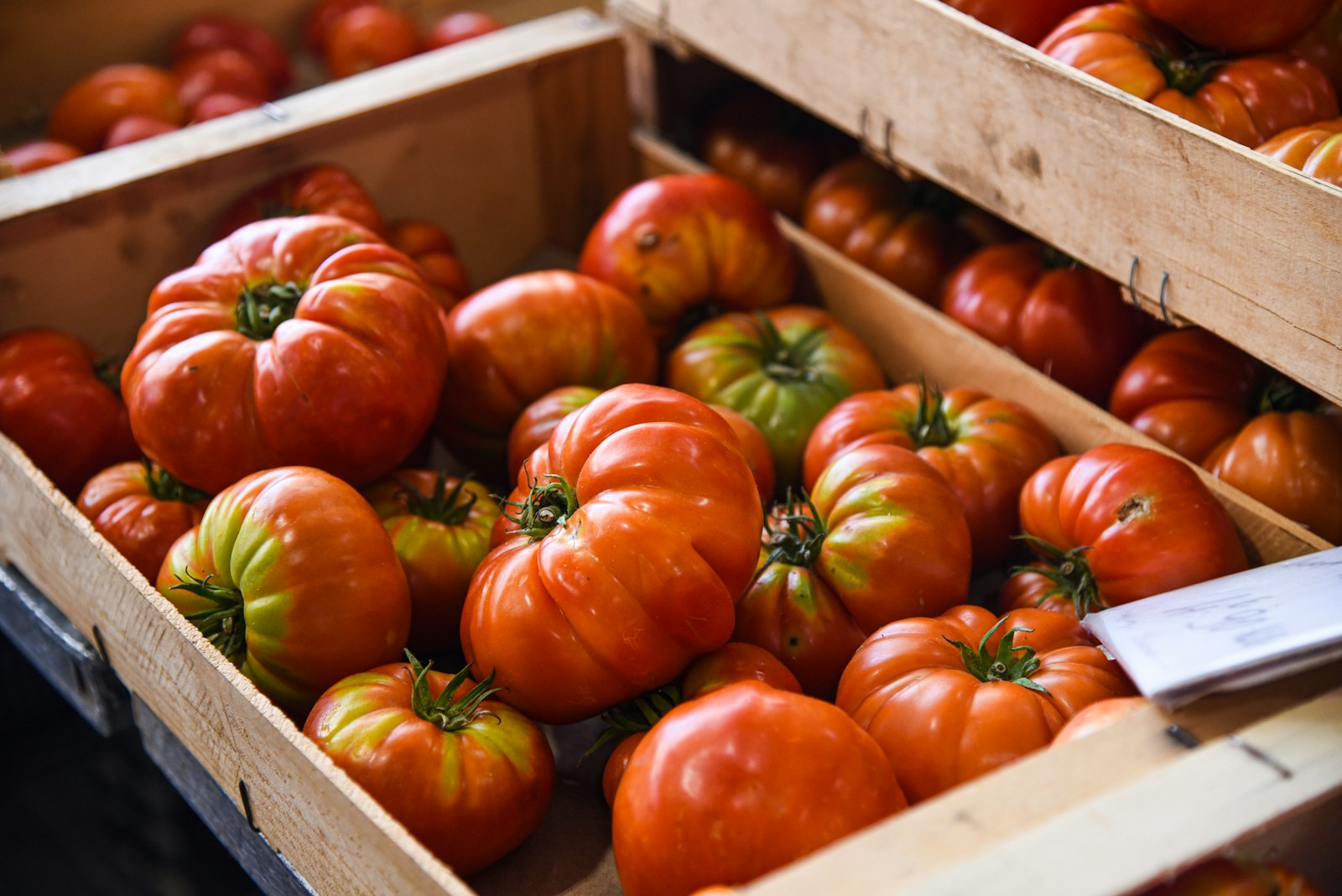 Tomates anciennes de couleurs variées dans des cagettes en bois