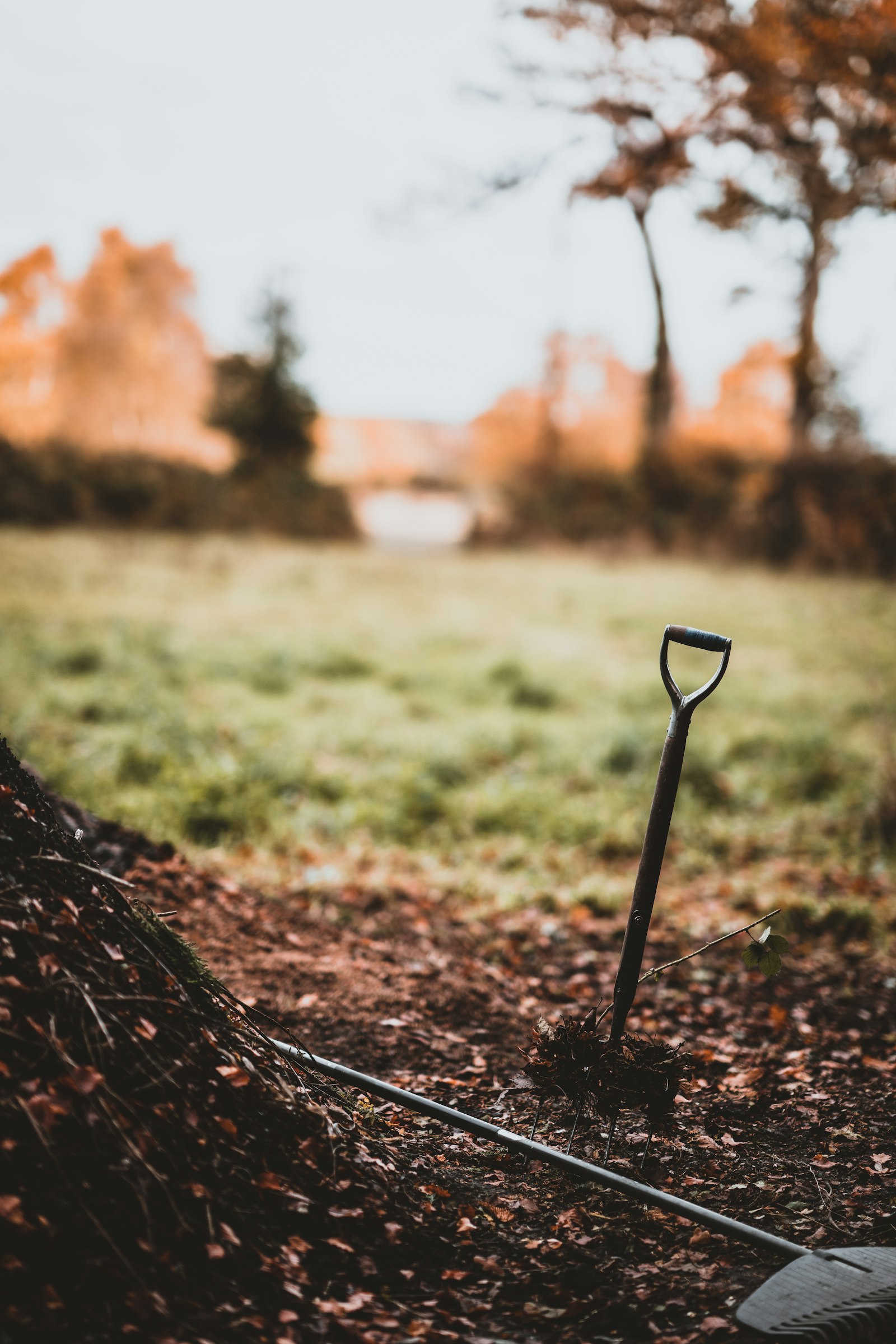 Outil de jardin posé sur la terre brune